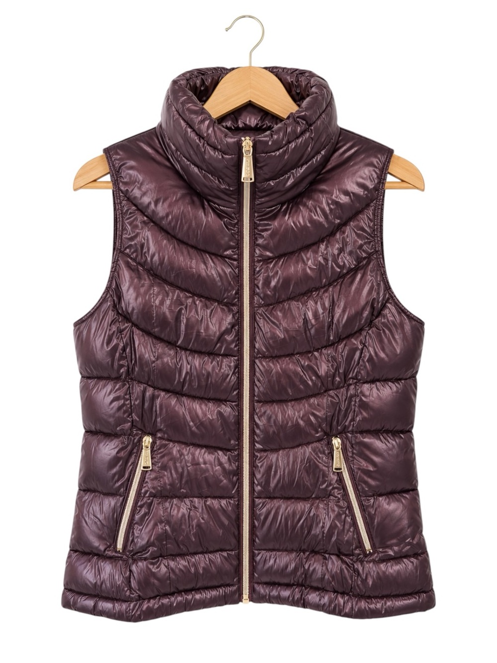 Calvin Klein Metallic Plum Quilted Puffer Vest Zip‎ Front High Neck Women's M